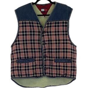Vintage Tommy Jeans Sherpa Denim Vest Patchwork Plaid Big Logo Size‎ Large